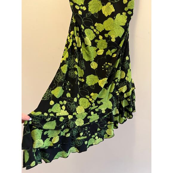Venus Flamenco Style Summer Dress Asymmetrical Hem Green Black Floral Medium JL - Picture 3 of 8